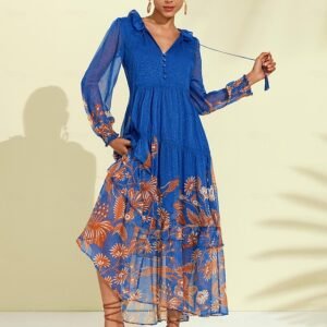 Chiffon Tropical Flowers Puff Sleeve Boho Dress Ador Blue 2025 $101.00 XS S M L XL 2XL 3XL 4XL