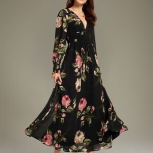 Chiffon Wedding Guest Floral Ruched V Neck Maxi Ascot Dress Wedding Guest Dress Ador Black 2025 $87.00 XS S M L XL 2XL 3XL 4XL