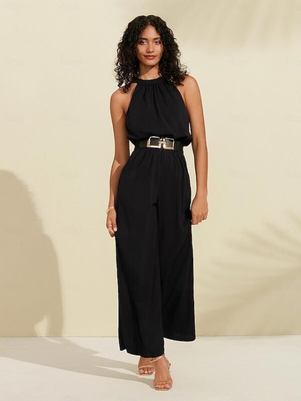 Women's Black Chiffon Halter Waisted Jumpsuit (Belt Included） Ador Black 2025 $59.00 XS S M L XL 2XL 3XL 4XL