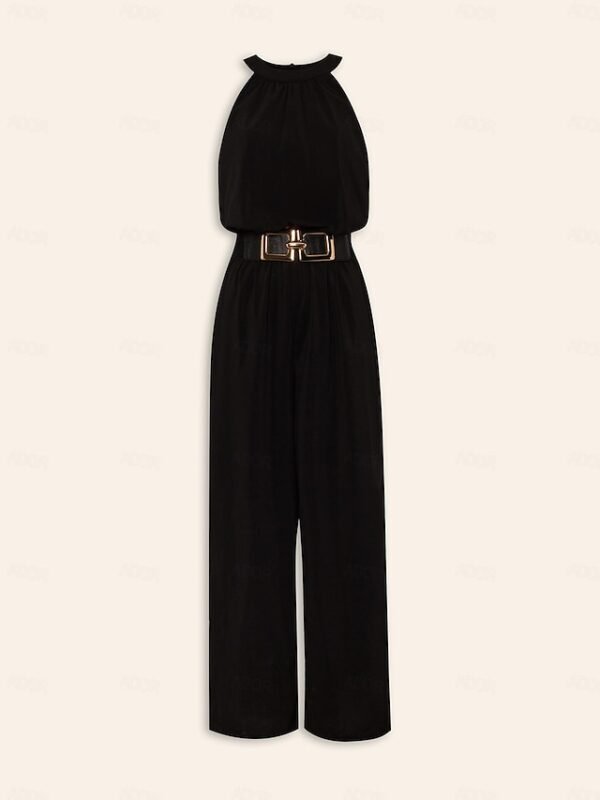 Women's Black Chiffon Halter Waisted Jumpsuit (Belt Included） Ador Black 2025 $59.00 XS S M L XL 2XL 3XL 4XL