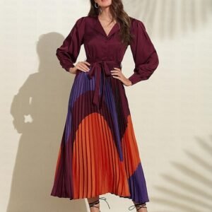 Women's Satin Dress Hem Maxi Purple Long Sleeve Geometic Button Tie Belt Spring V Neck Maxi Dress S M L Ador Purple 2025 $48.00 XS S M L XL 2XL 3XL 4X